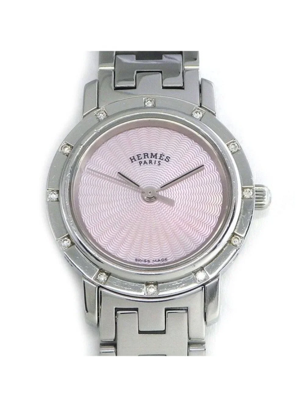 Hermes Watch Clipper Cles 12 Points Diamond Bezel Pink Shell Guilloche Dial SS